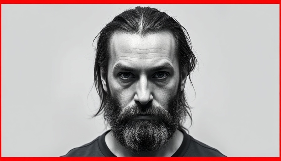Somber man with long hair and beard in mugshot, deep red background.
