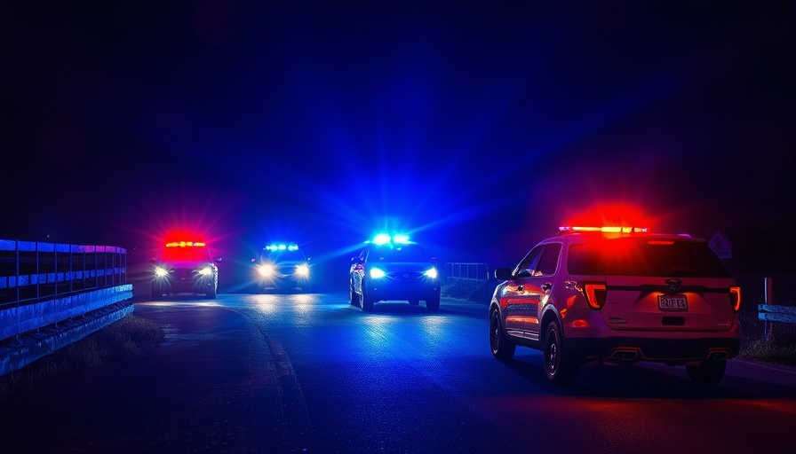 Police vehicles at a nighttime US 1 checkpoint, blue and red lights flashing.