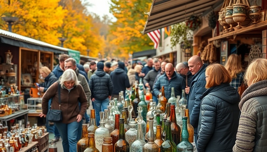 Cameron Antique Street Fair with vintage glass bottles and crowds.