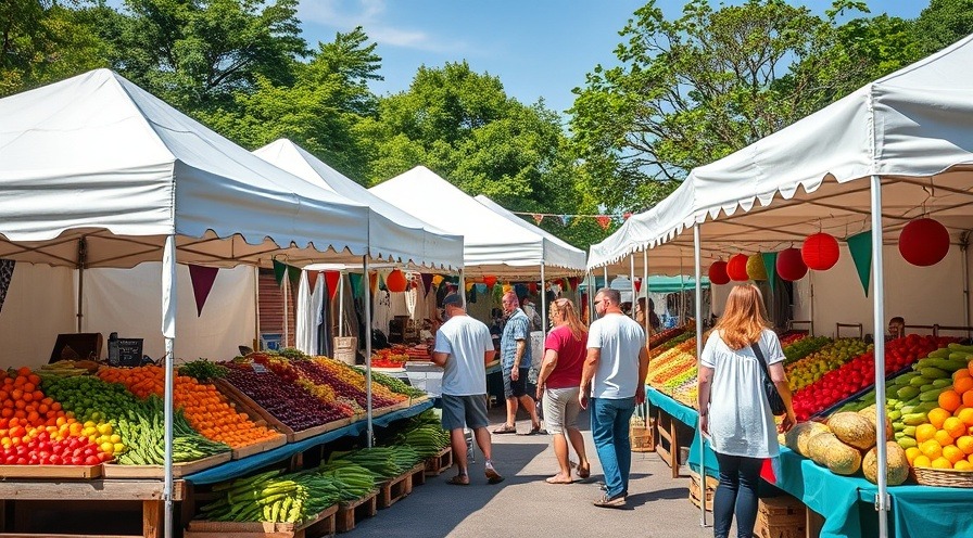 Vibrant Southern Pines market scene with colorful produce, shoppers enjoying farmers market events.