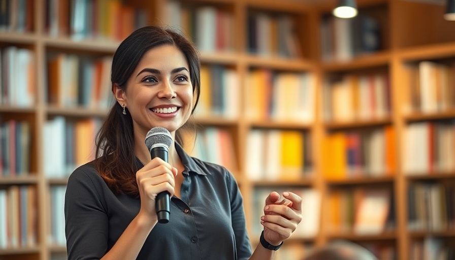 Confident woman with microphone discussing YouTube success strategies.