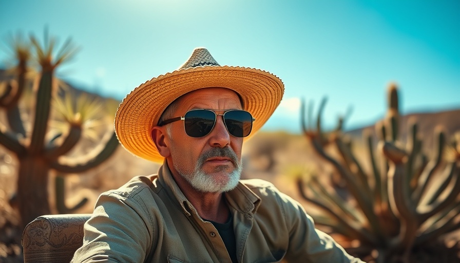 Middle-aged man warning about senior scams in sunny outdoor setting.