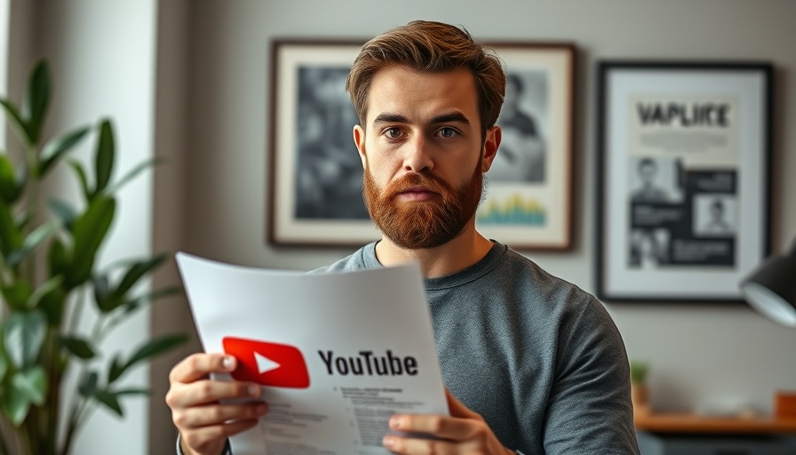 Man in home office holding a YouTube report, serious expression.