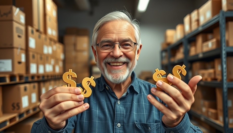 Smiling older man showing dollar symbols, money transformation concept.