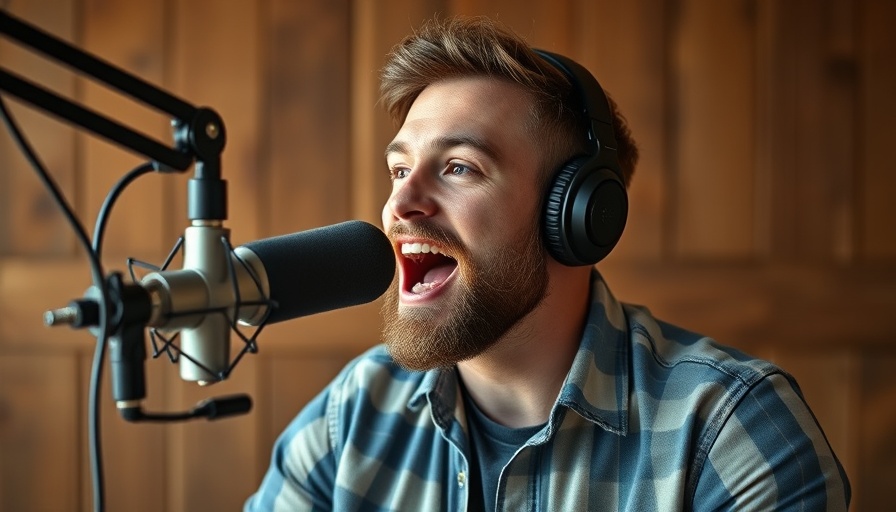 Podcaster sharing YouTube monetization tips in a rustic studio.