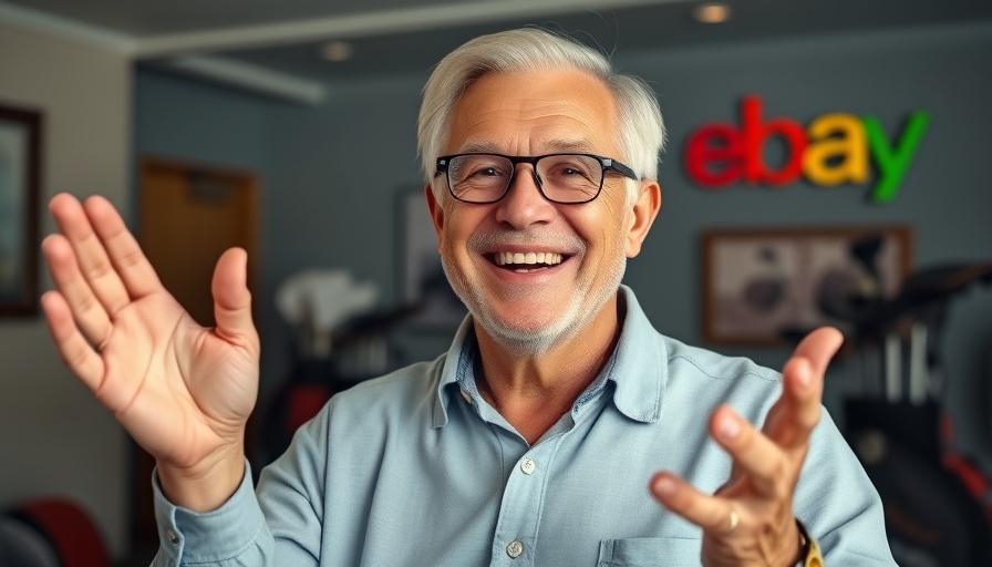 Enthusiastic older man promoting easy shipping of big items on eBay