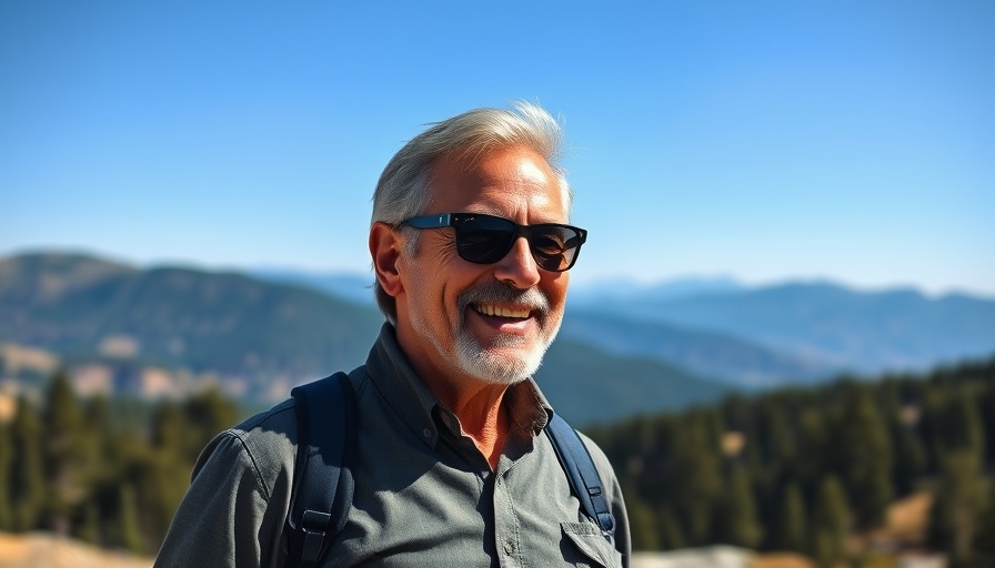 Grateful middle-aged man with sunglasses in mountain backdrop, Retirement Journey Community Support.