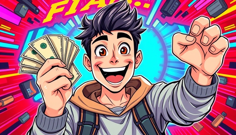 Excited young man celebrating in a vibrant graphic scene promoting GPT-5.