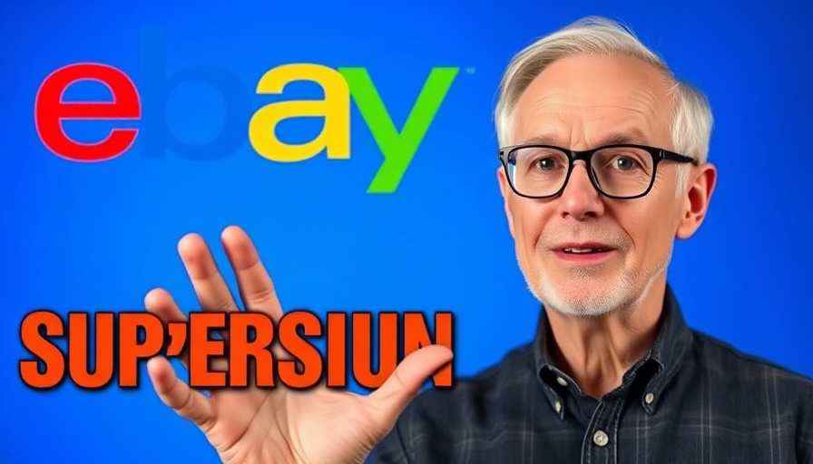 eBay shipping profitability concept with older man presenting against blue background.