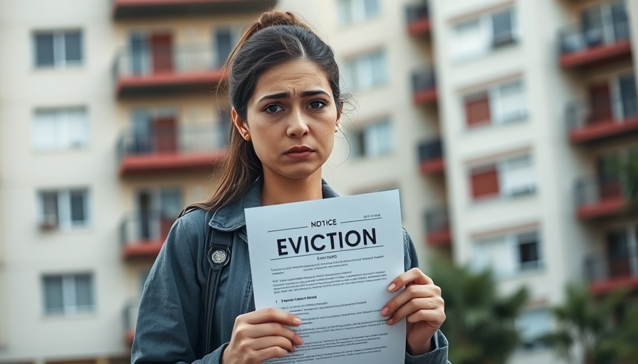 Stressed woman with eviction notice in residential area, daytime.