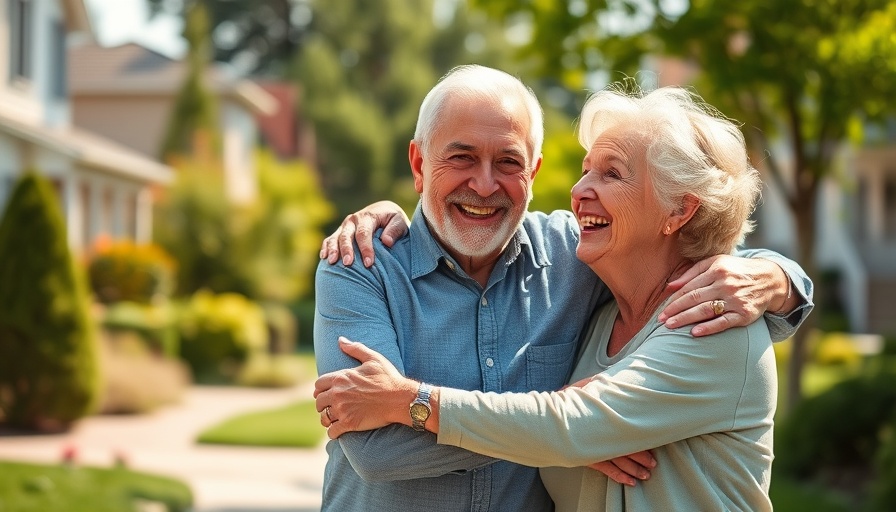 Retired couple living frugally, embracing joyfully outdoors.