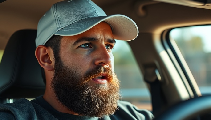 Bearded man discussing in car, achieving YouTube success.