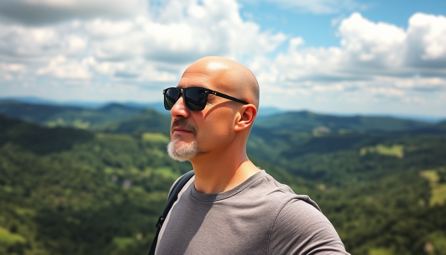 Bald man on scenic retirement road trip with forested hills.
