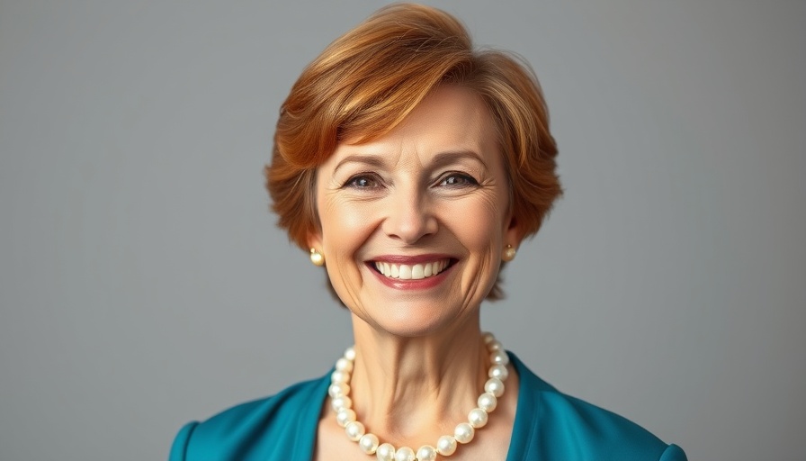 Smiling older woman with short hair and pearl necklace, soft gray background.
