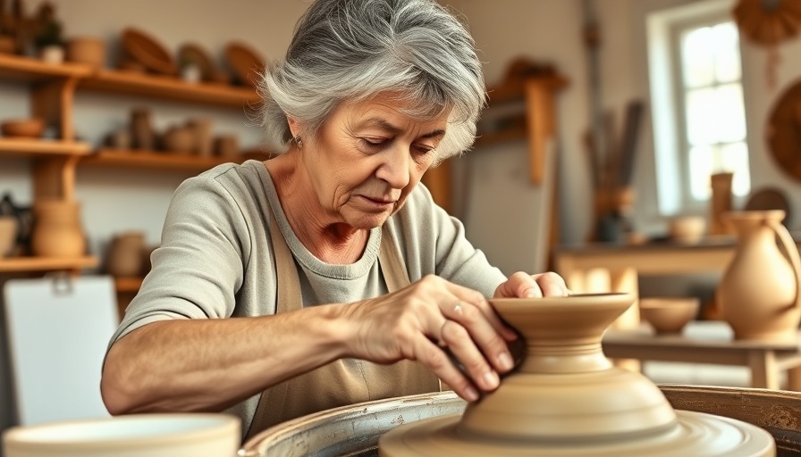 Elderly woman engaged in pottery making for older adults in a studio.
