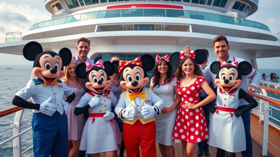 Disney Destiny Cruises team and mascots on cruise ship deck.
