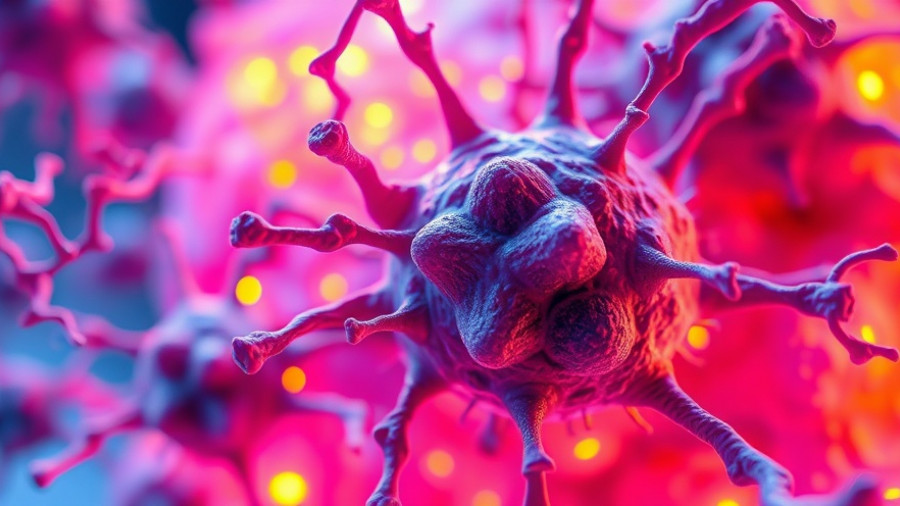 Abstract 3D illustration of cellular senescence in tumor-associated macrophages.