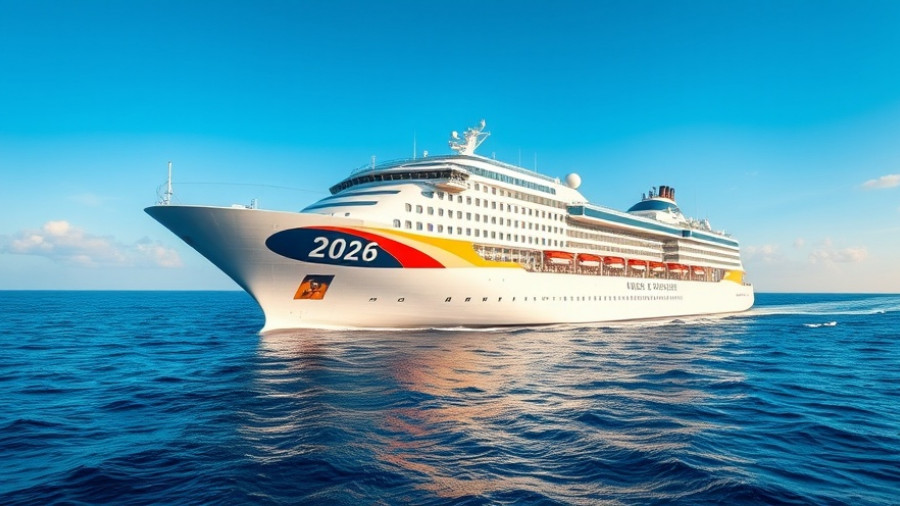 Futuristic cruise ship sailing with 2026 ahead sign, clear sea.