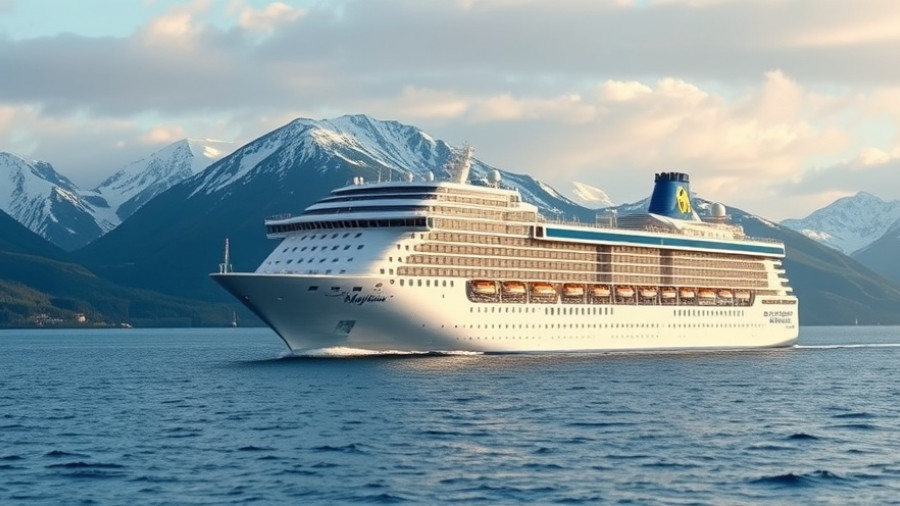 Large cruise ship in Alaskan waters surrounded by scenic mountains.