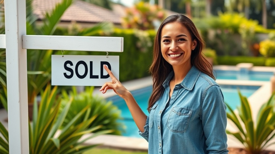 Woman touching 'Sold' sign, lush garden, property sale concept