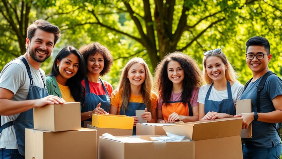 Volunteers in New Zealand happily organizing donations outdoors