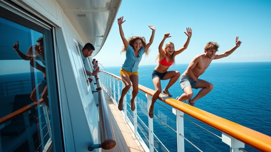Teenagers climbing cruise ship balcony, ocean background
