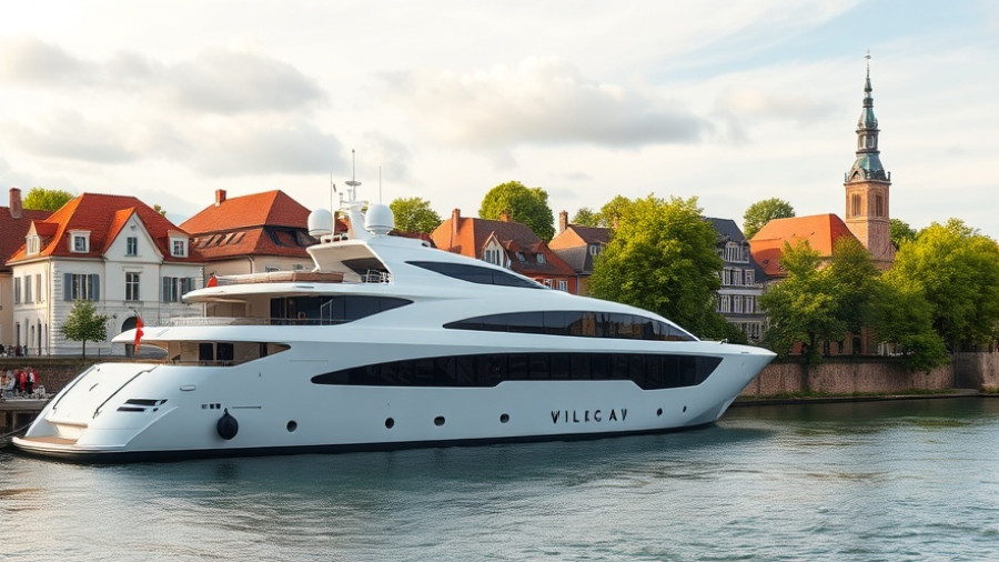 Luxury river cruise ship docked in European town, lush scenery.