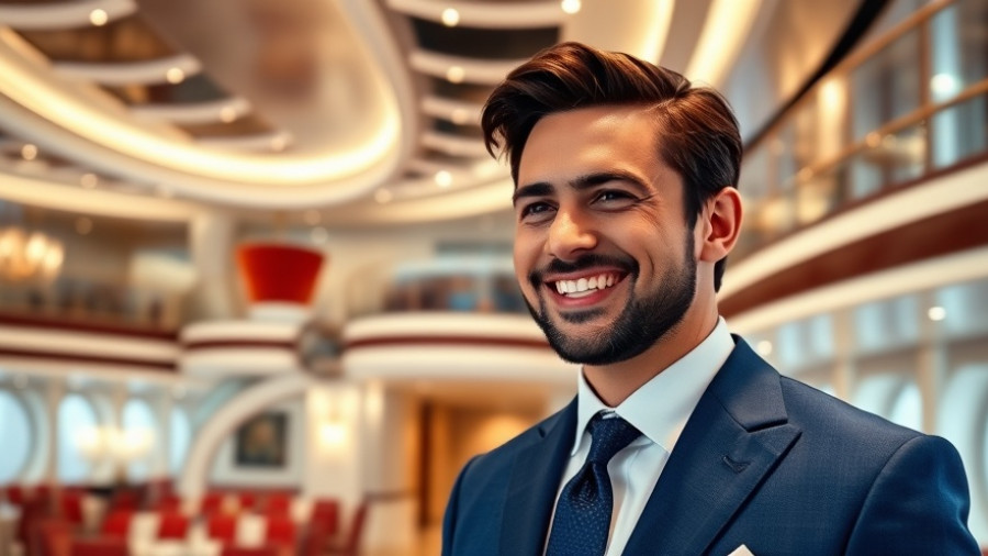 Royal Genie service expansion on Royal Caribbean, featuring a smiling man in a blue suit.
