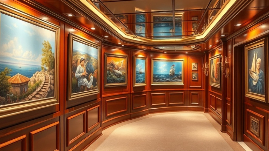 Art Experience Aboard Star Princess showcasing framed vibrant paintings in a cruise gallery.