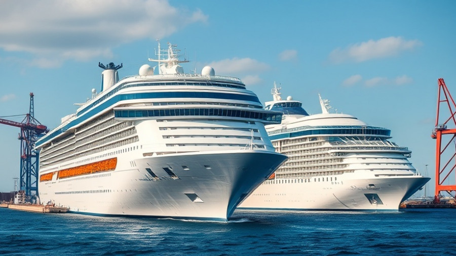 Royal Caribbean cruise ships at dock and at sea, construction stages visible.