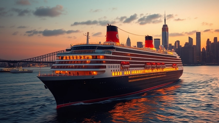 Queen Mary 2 sailing near New York City during sunset celebration.