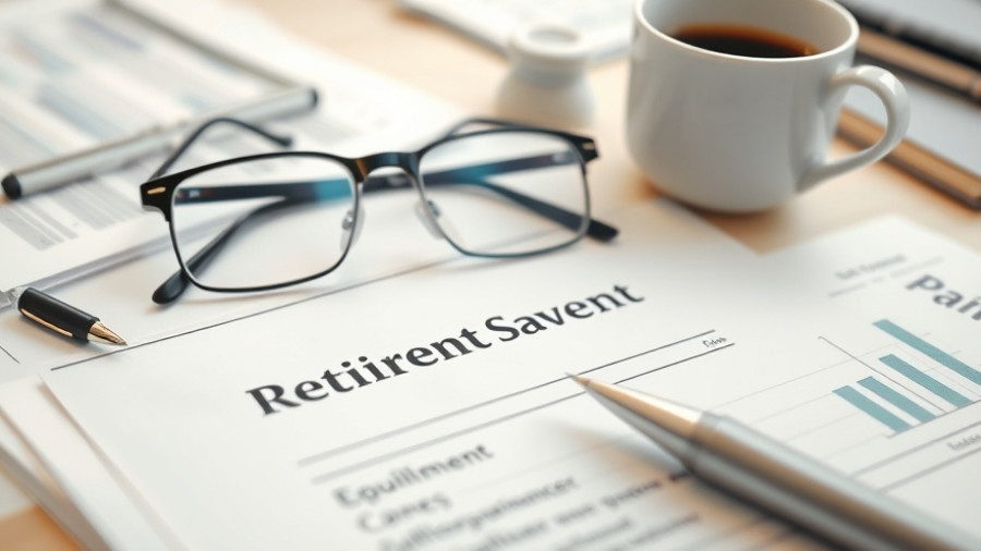 Retirement savings plan with calculator and coffee next to documents.