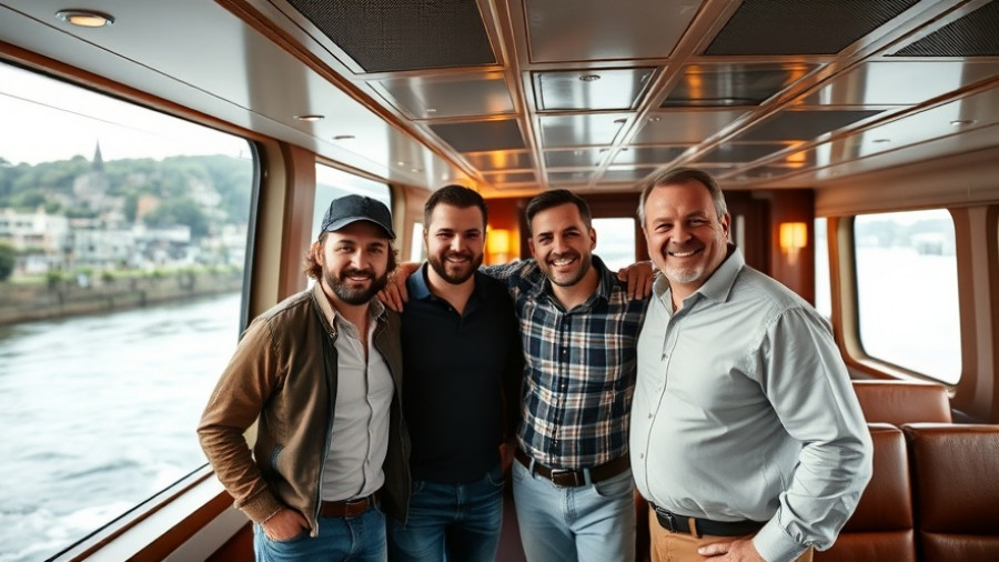 Four men smiling inside a luxurious autonomous river cruise.