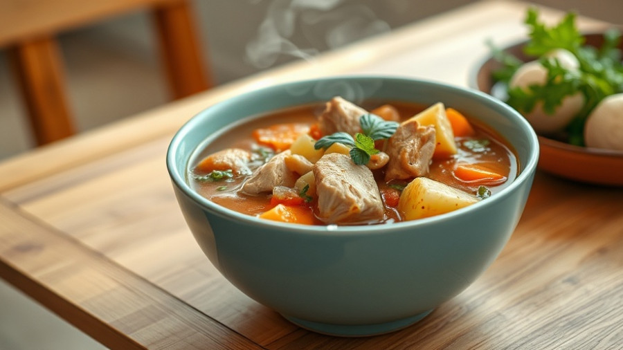 Hearty one-pot meal soup with vegetables and chicken in a blue bowl.