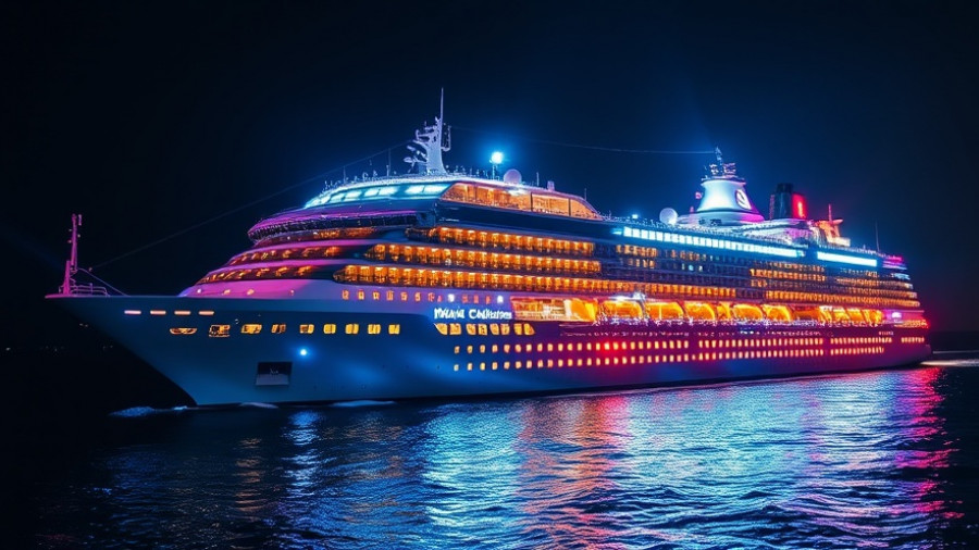 Luxurious illuminated cruise ship sailing at night