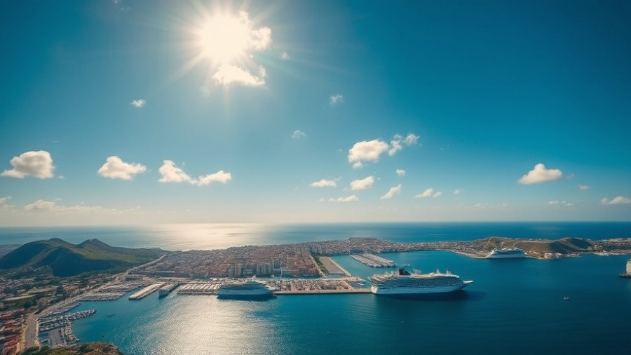 Aerial view of Madeira port with cruise ships under blue sky.