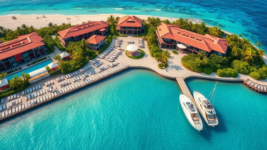 Luxurious Royal Caribbean beach club in Santorini aerial view.