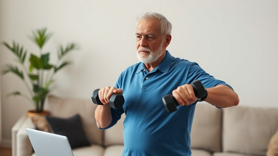 Elderly man exercising with dumbbells in living room, addressing common health issues in older adults.