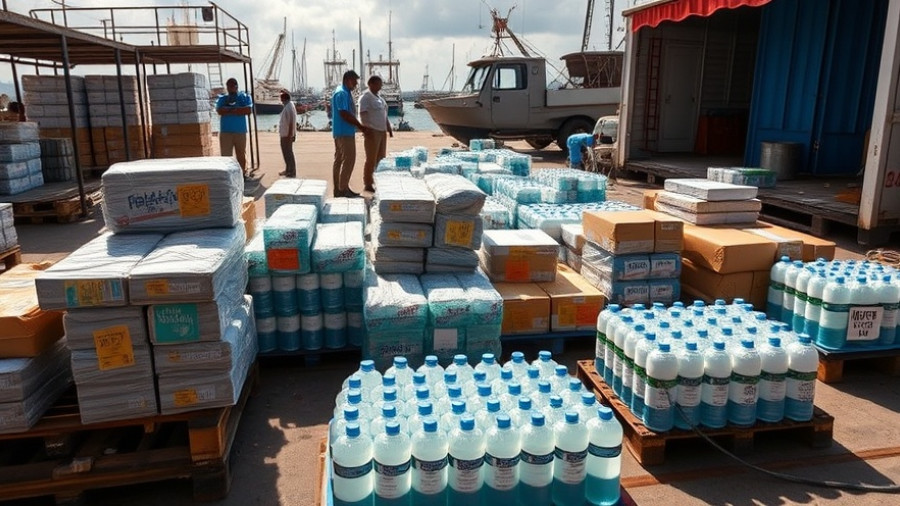 Hurricane Melissa relief efforts in Jamaica depicted with supply palettes and storm map.