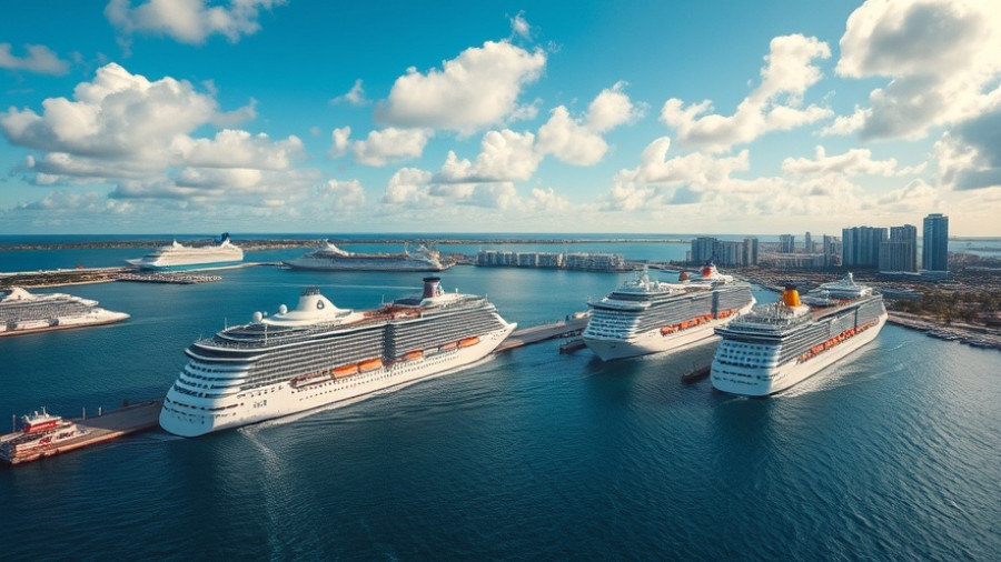 Aerial view of Port Everglades with new cruise ships docked on a sunny day