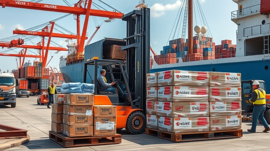 Royal Caribbean disaster relief supplies loaded onto a ship, vibrant pallets.