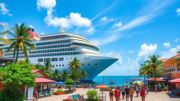 Massive cruise ship docked at vibrant Caribbean port, Royal Caribbean reroutes.