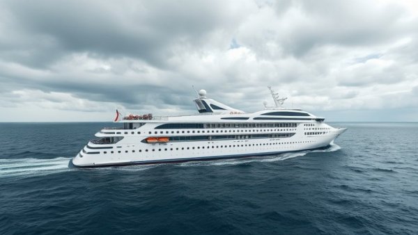 Modern cruise ship sailing with expansive ocean backdrop