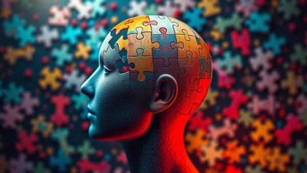 Illustration of a human head as a puzzle with missing pieces, diagnosing dementia.
