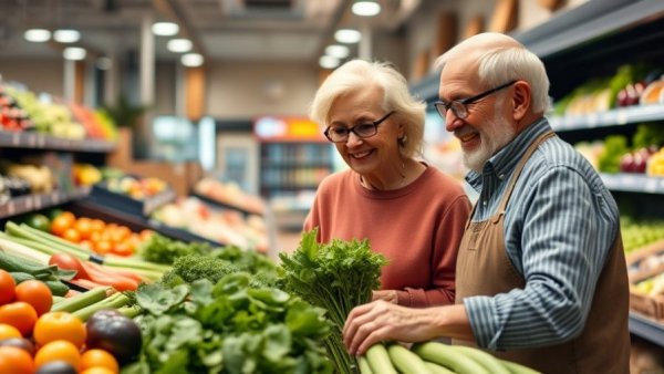 Older couple grocery shopping for fresh produce, Smart Grocery Shopping Tips for Healthy Eating on a Budget.