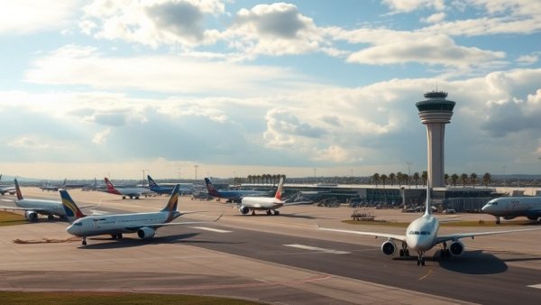 Airplanes at airport with control tower, flight disruptions.