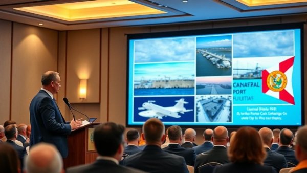 Speaker giving a presentation on Canaveral Port cruise business growth at a conference.