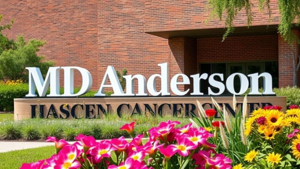MD Anderson Cancer Center entrance sign with flowers, Crystal Fundraising for Cancer Care.