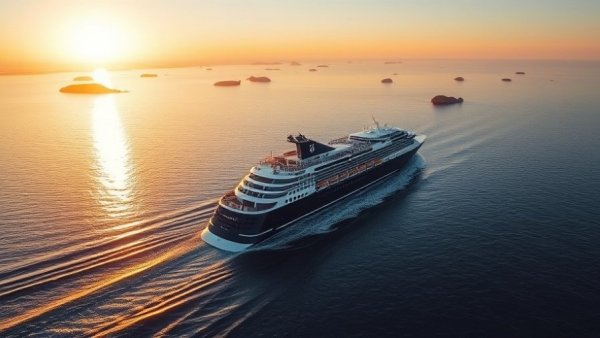 Nicko Cruises World Cruise ship sailing at sunrise on its itinerary.