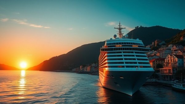 Eden cruise tourism growth highlighted by a large ship at sunset in a vibrant coastal town.